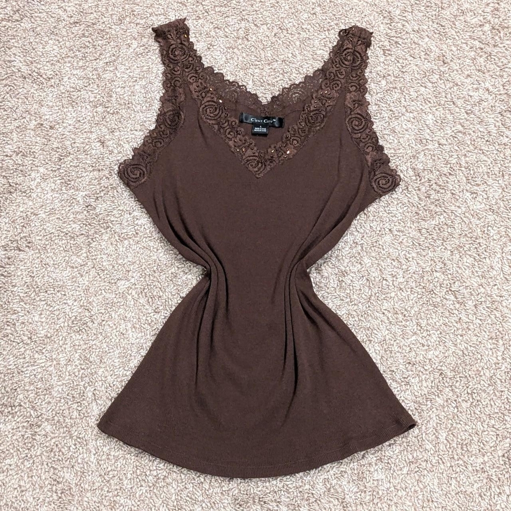 Vintage Y2K fairy grunge ribbed textured chocolate brown embellished lace cami